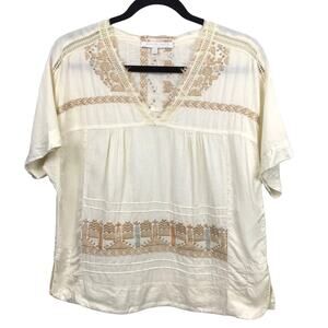 Burning Torch Boho Crochet Embroidered Semi-Sheer Cream Linen Blend Top XS